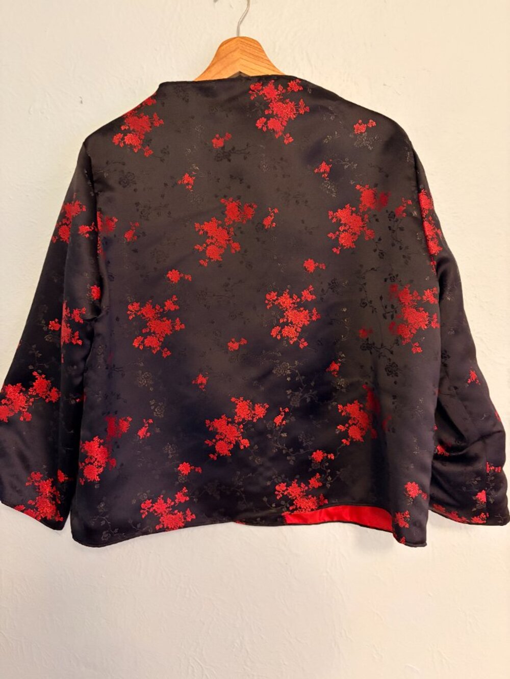 Chinese Brocade Floral Jacket Black Red Mandarin Collar Grannycore Evening Glam - Picture 5 of 9